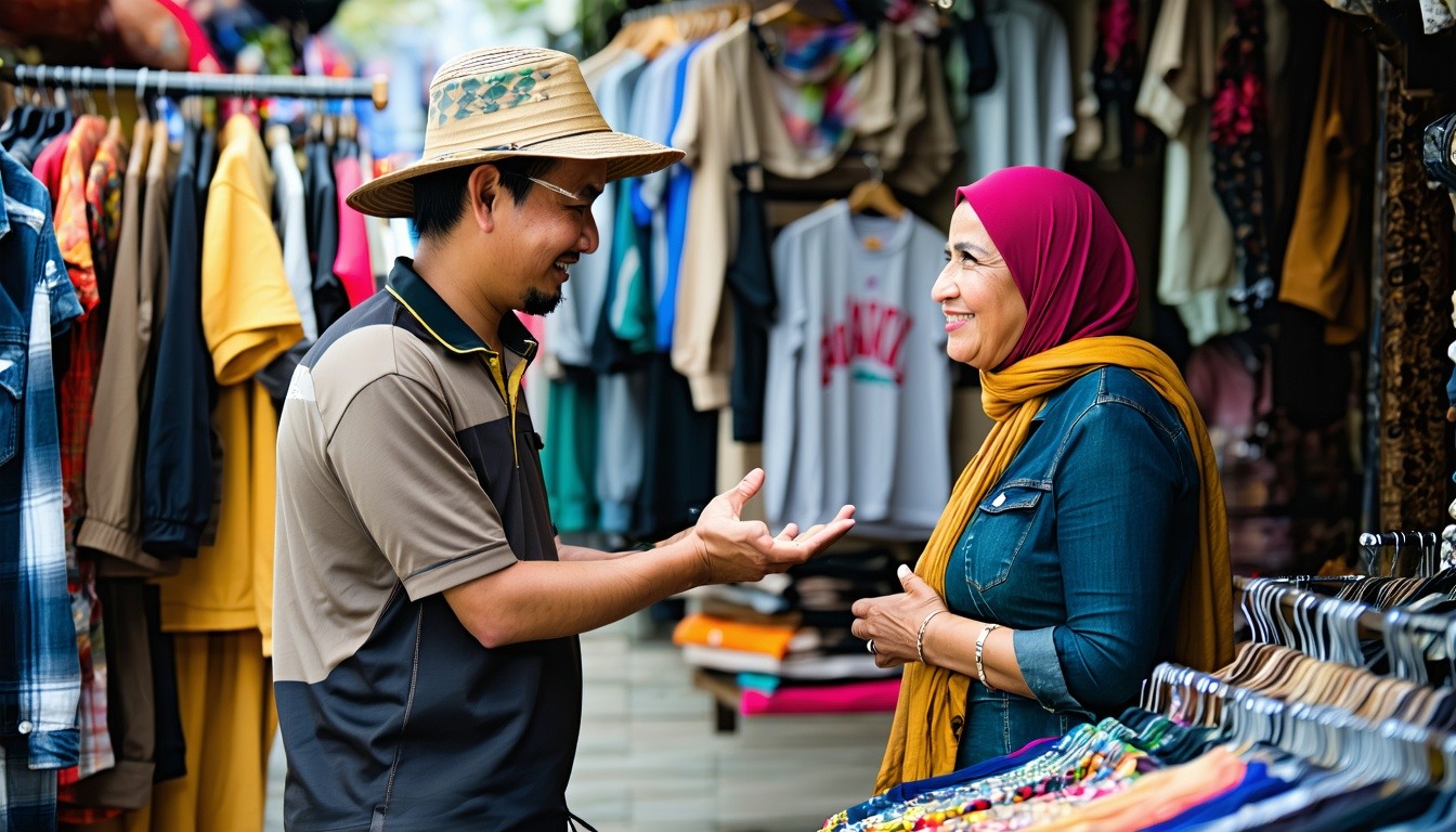 show me a vendor who is talking kindly with a customer in their clothing shop